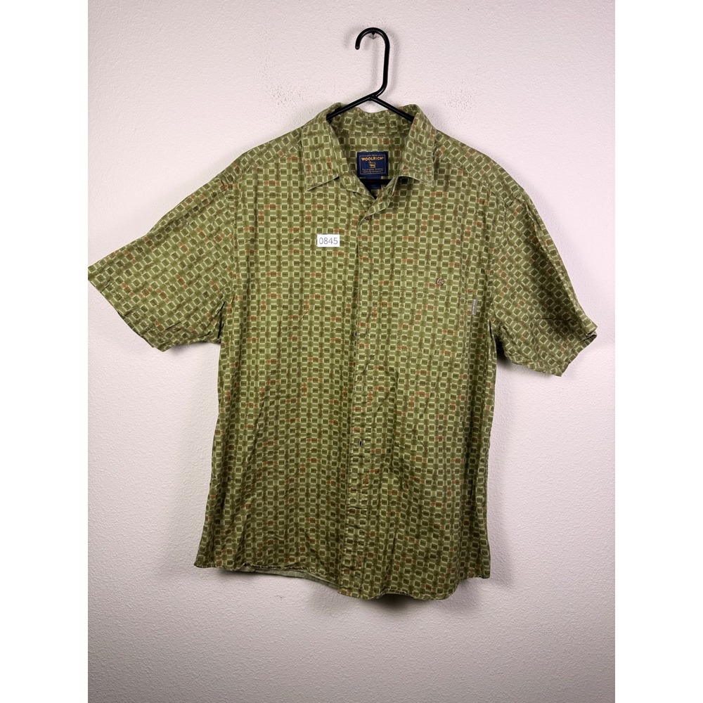 Woolrich Mens Short Sleeve Button Down Shirt Green Fish Print Checkered XL